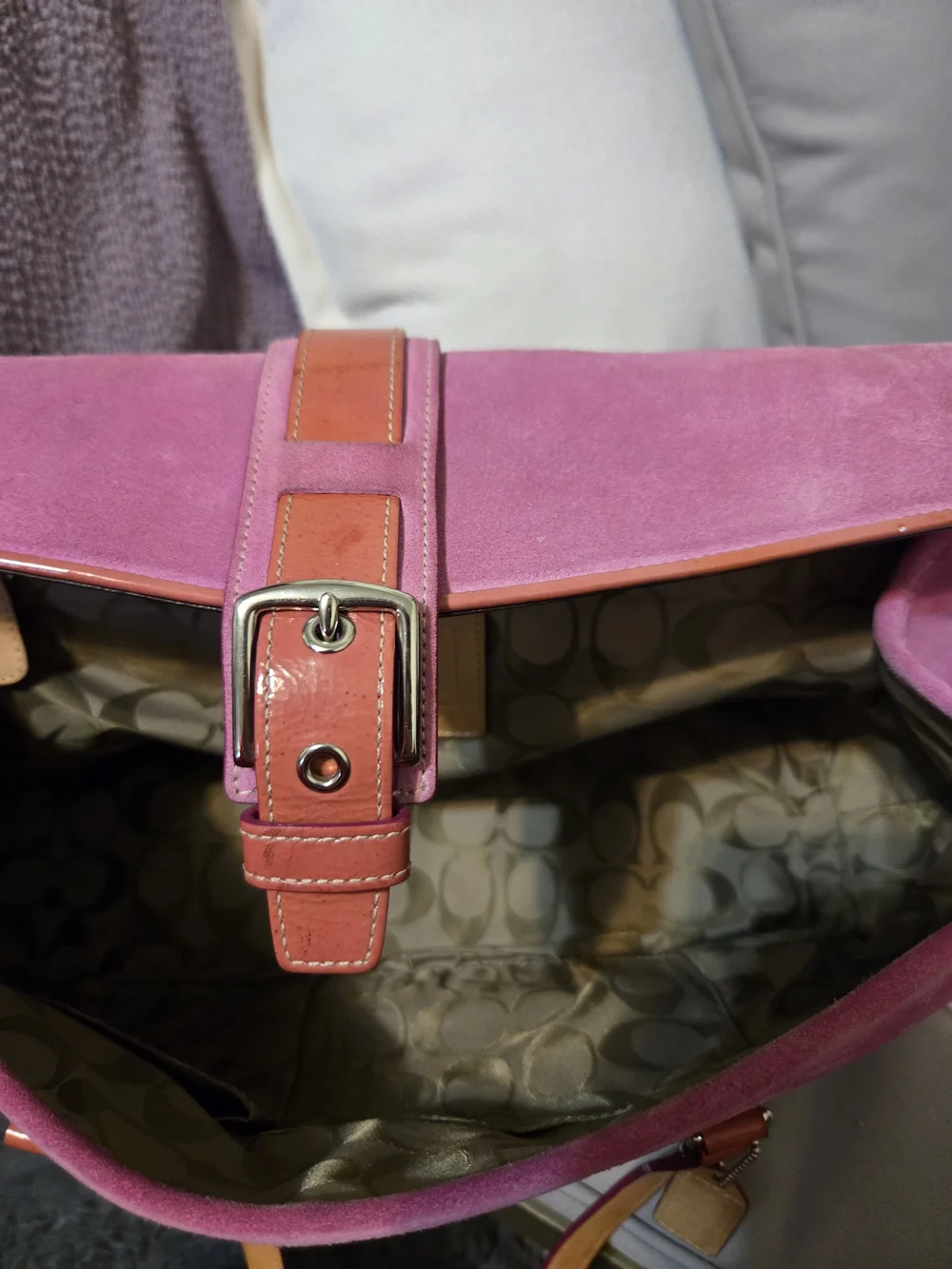 Coach Pink Suede Shoulder Bag with Tan Leather Trim - Picture 8 of 10